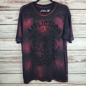 Affliction Mens XL Black/Red Short Sleeve T-Shirt Tee Velvet Fleur De Lis
